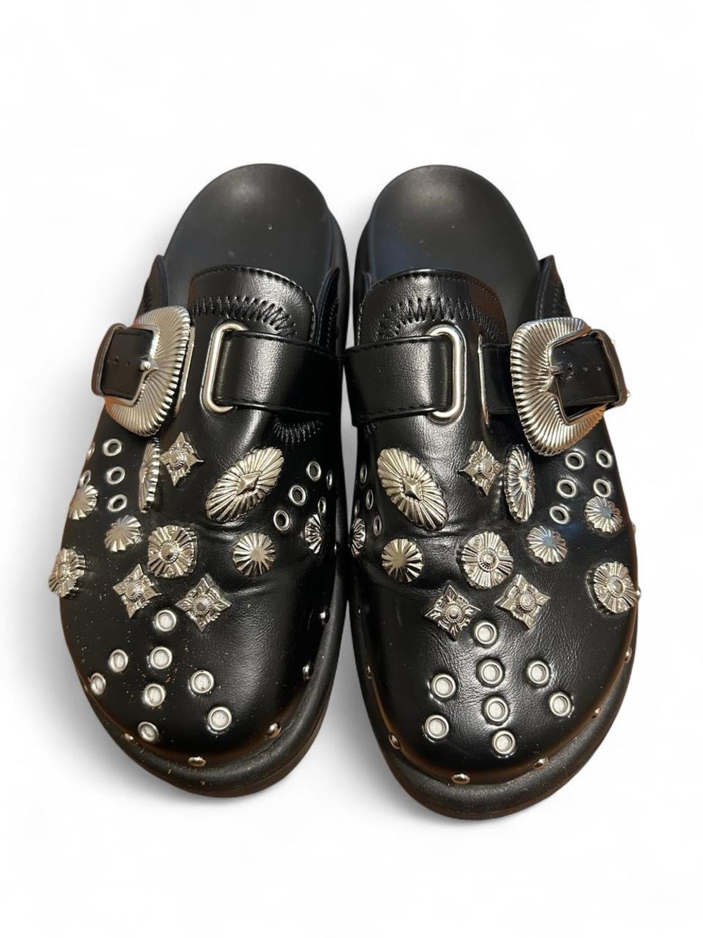 Studded Black Leather Slip-On Clog with Silver Buckles